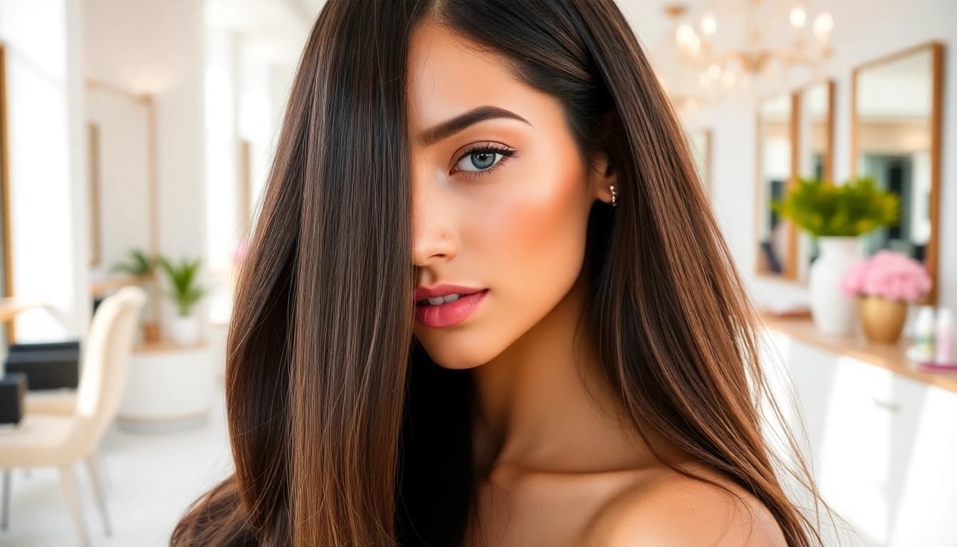 Model wearing genius weft hair extensions, showcasing stylish volume and natural shine in a salon.