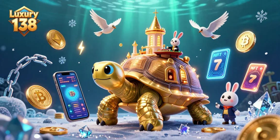 Engage with Luxury 138's vibrant casino scene featuring a golden tortoise and a rabbit dealer.