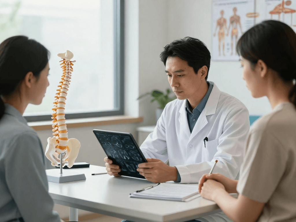 Consultation about bel fıtığı ameliyatı in a modern clinic with a surgeon and patient.