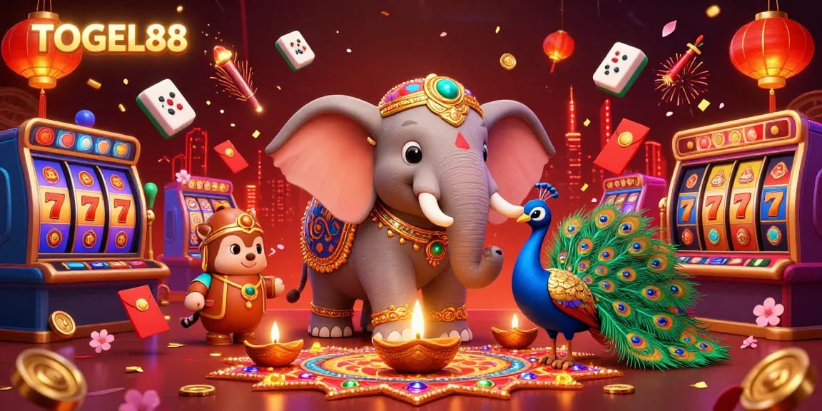Engage with TOGEL88's vibrant casino scene, featuring an elephant and peacock amid floating jackpots and festive decorations.