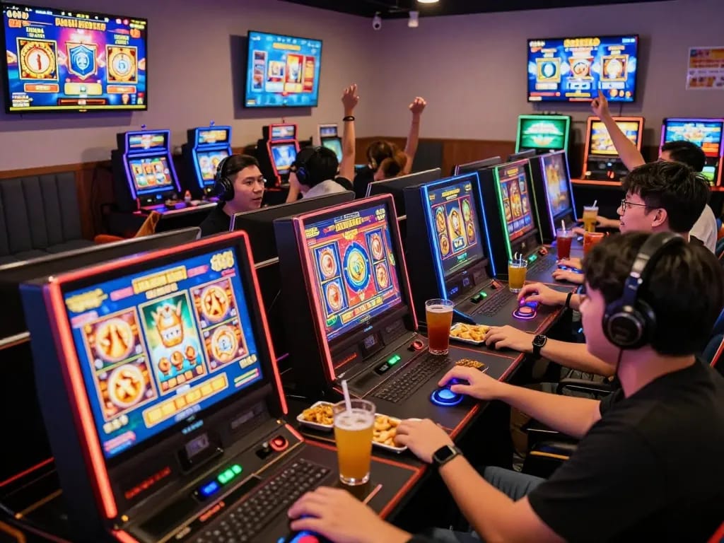 Players celebrating wins at slot gacor hari ini gaming lounge with vibrant machines and exciting atmosphere.