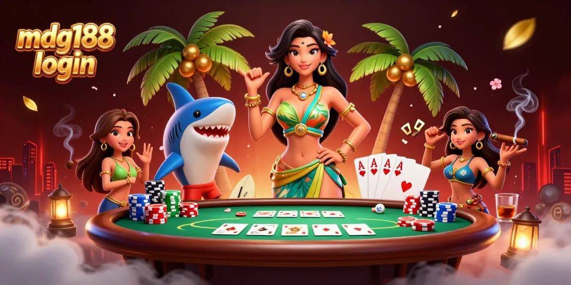 Win big with mdg188 login in a dynamic casino scene featuring poker elements and a fun tropical vibe.