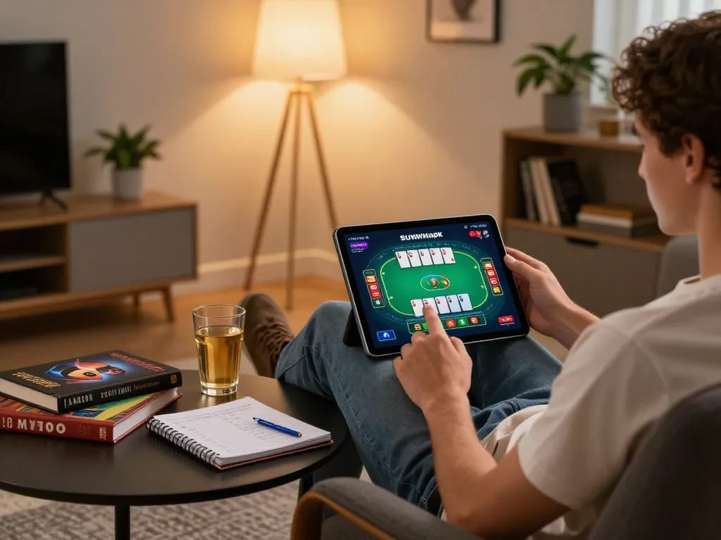 Engaging with sunwinapk casino app for an exciting poker game at home, showing strategies.