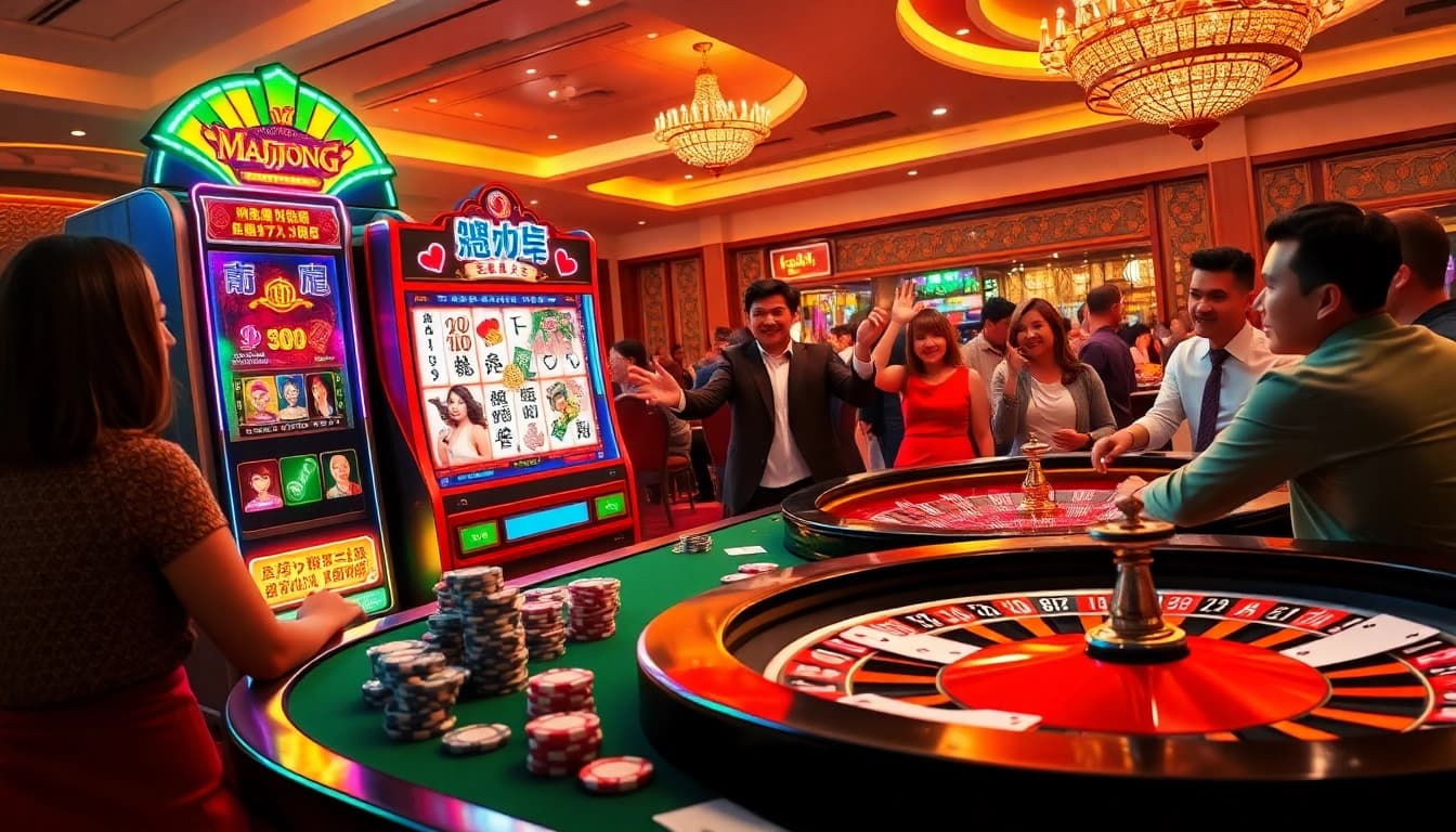 Experience the thrill of the slot demo mahjong with vibrant casino gameplay, showcasing Mahjong-themed machines and lively players.