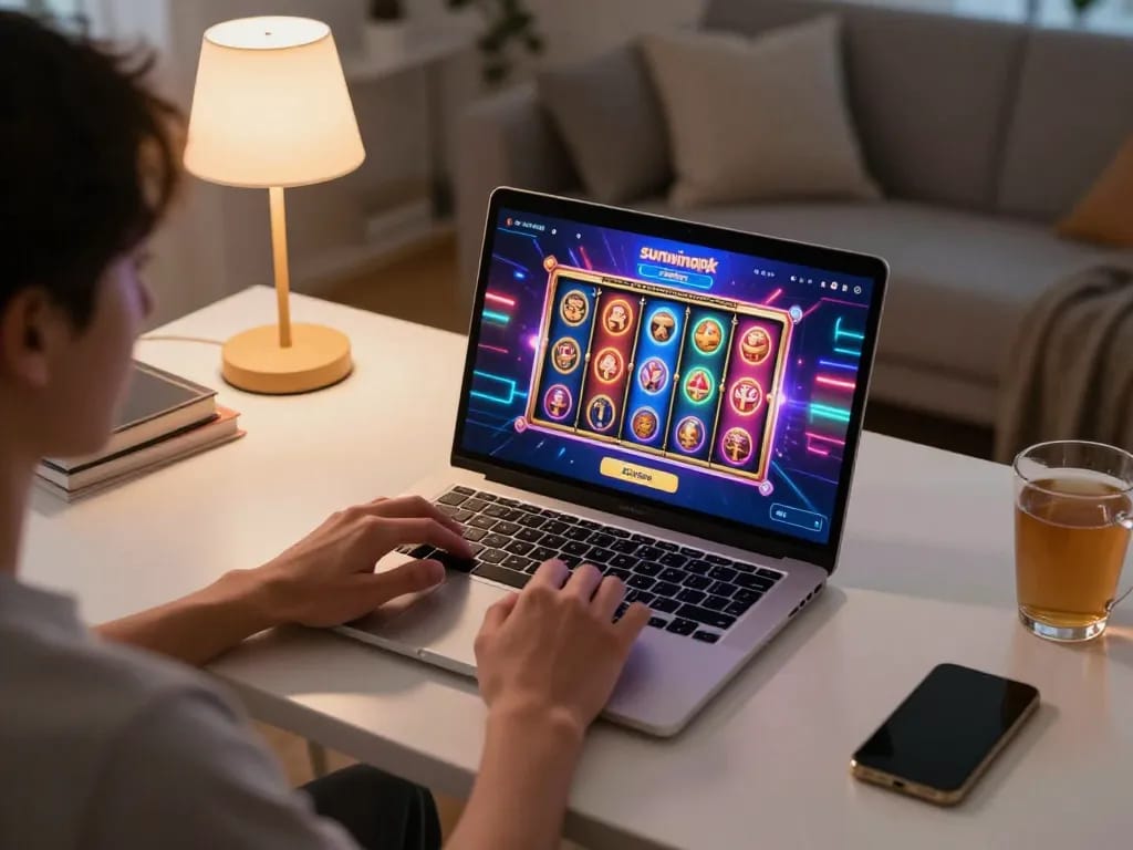 Engage with sunwinapk online gaming setup featuring colorful slot graphics and a relaxed player atmosphere.