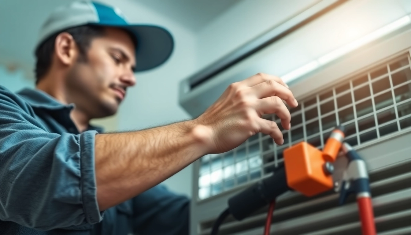 Expert technician performing emergency hvac repair bc on air conditioning unit at home.