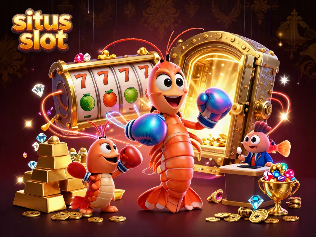 Engaging scene with a mantis shrimp, pistol shrimp, and coral grouper promoting situs slot and showcasing dynamic casino elements.