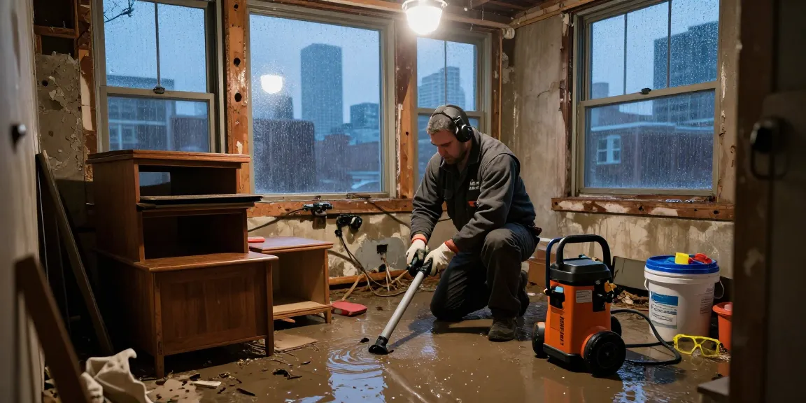 Technician assessing water damage during storm for disaster restoration services Chicago with advanced tools and furniture restoration equipment.