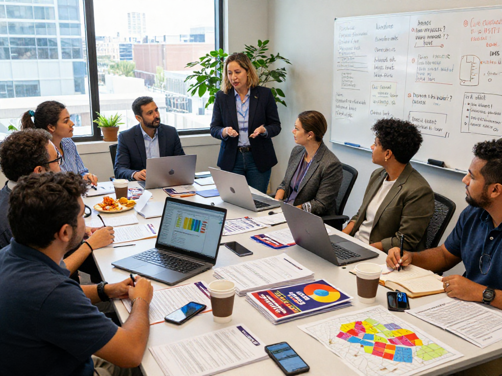 Engaged team strategizing political campaign analytics in a vibrant office.