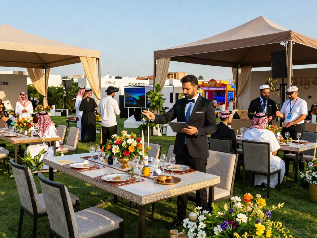 Event rental ksa setup for a vibrant outdoor celebration in Jeddah, featuring elegant furniture and engaging activities.