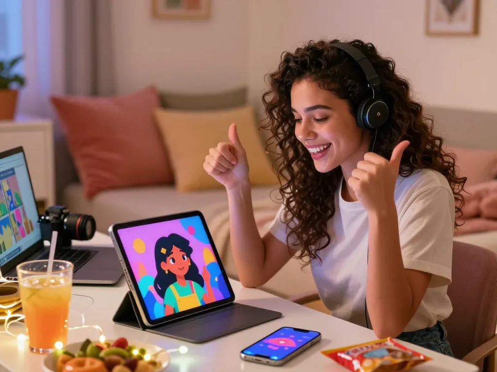 Engaging interaction with an AI girlfriend displayed on a tablet in a cozy bedroom atmosphere.