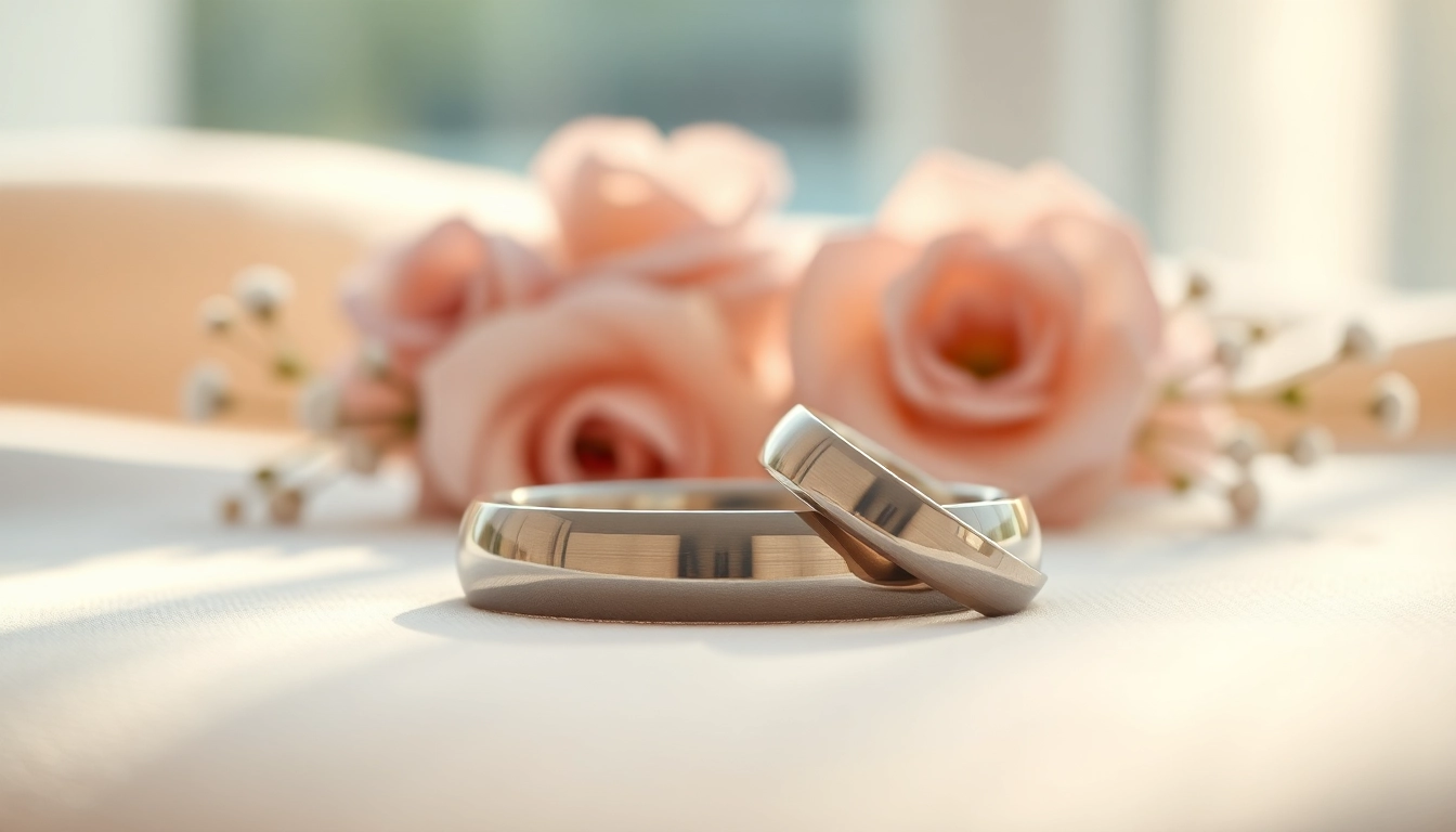 Admire the elegant tungsten wedding bands showcased on soft velvet, highlighting their polished finish.