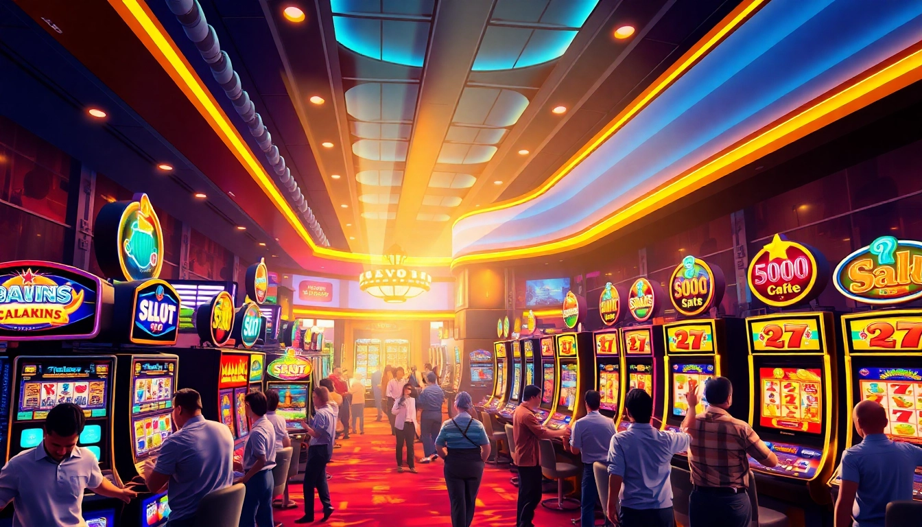 Menampilkan Slot77 yang menarik perhatian di kasino dengan warna cerah dan lampu yang memukau.