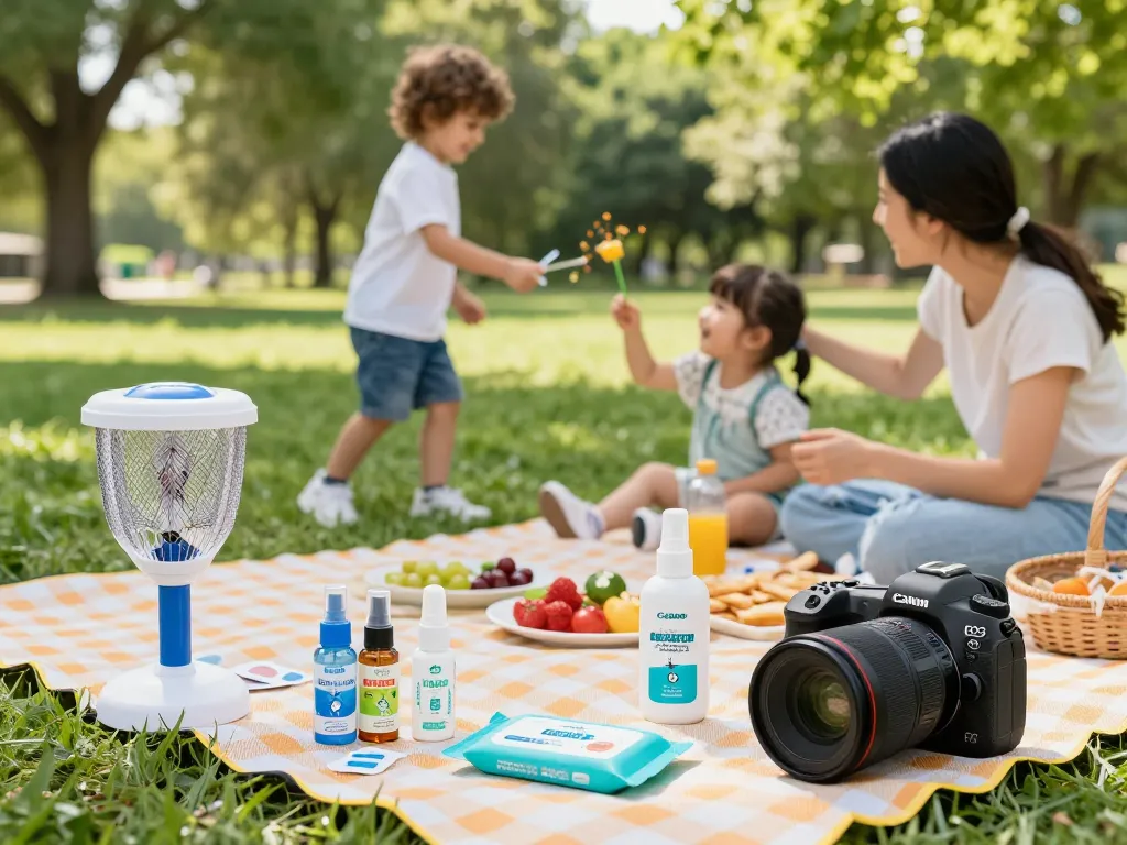 Family using mosquito repellent during a picnic to enjoy the outdoors