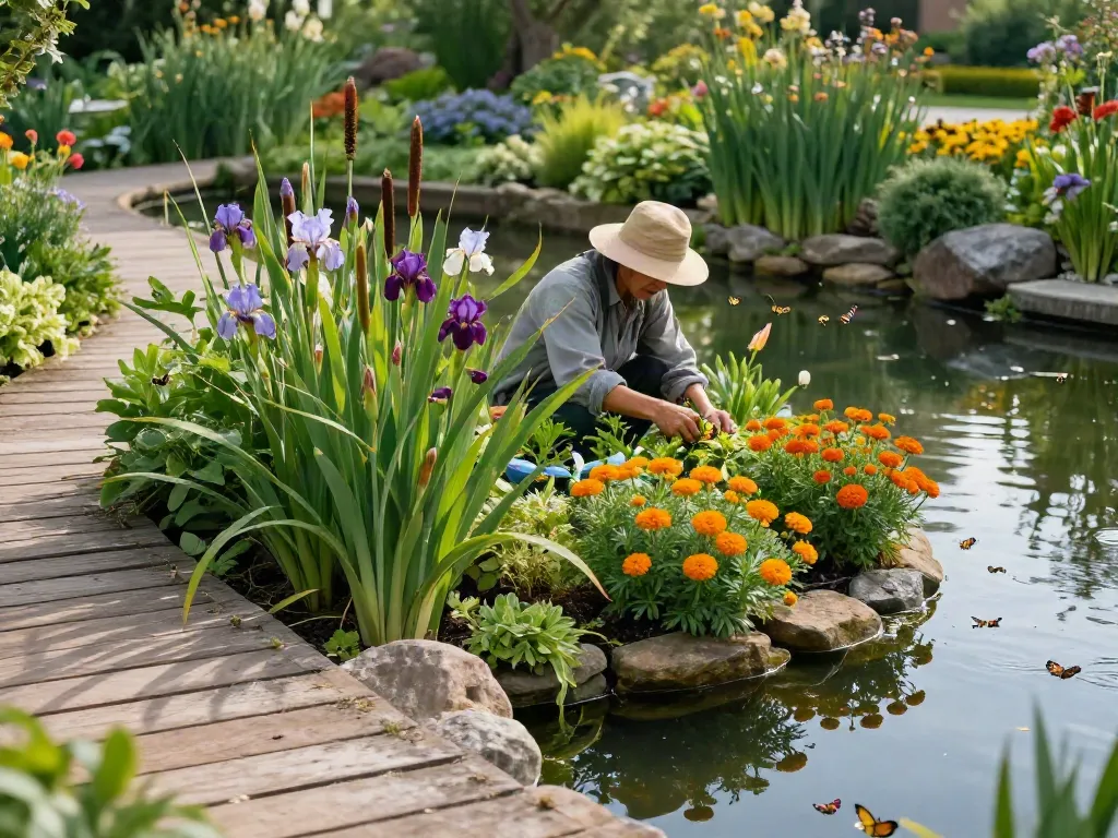 Marginal Pond Plants enhancing a tranquil garden pond environment with vibrant colors and natural elements.