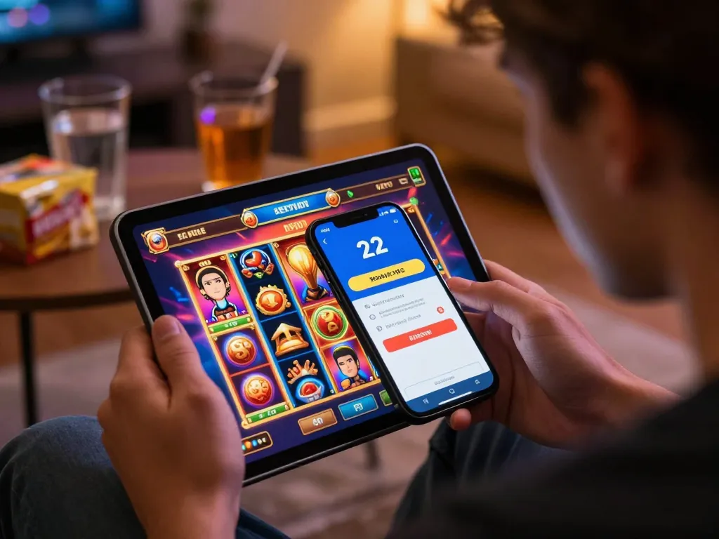 Engaging in slot bonus new member 100 gameplay on tablet with verification, colorful graphics, and cozy home setting.