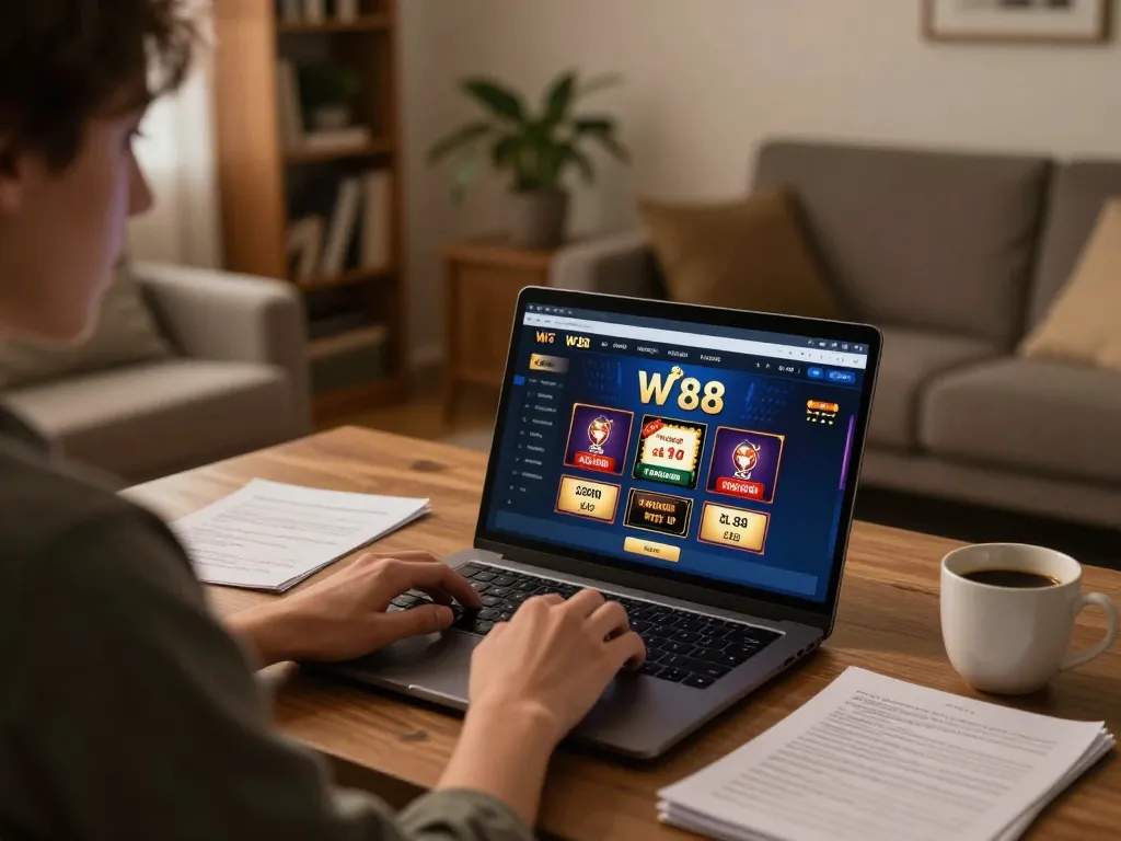 Player enjoying W 88 online gaming experience at home, highlighting strategic gameplay in a cozy setting.