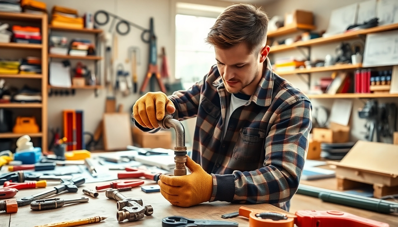 Plumbing apprenticeship with a young apprentice plumber skillfully connecting pipes in a workshop.