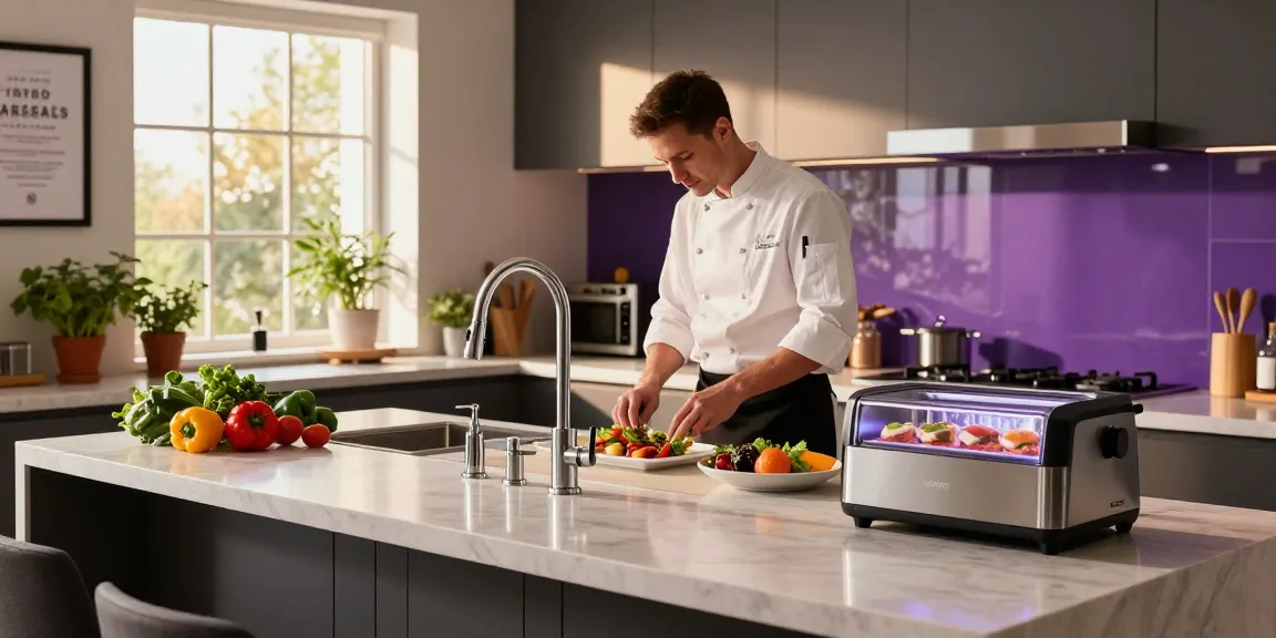 Elegant kitchen faucets in a modern kitchen with chef preparing a gourmet meal, showcasing functionality and style.