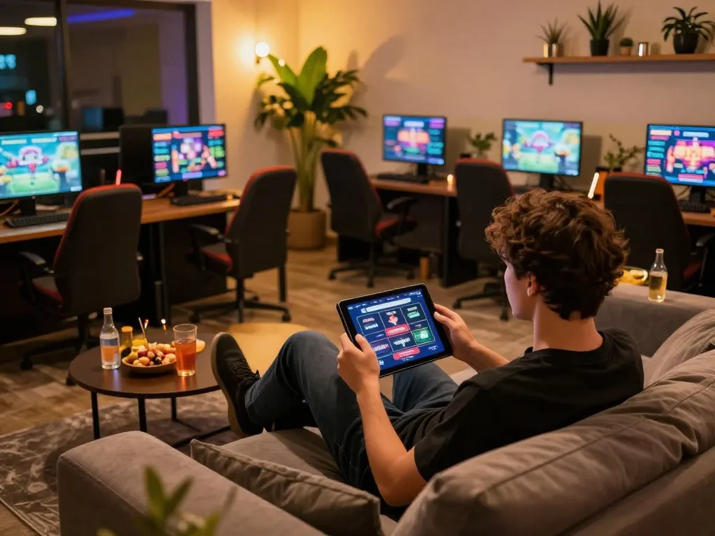 Engaging in online gaming at mm88 in a comfy setting with a tablet, promoting responsible gambling.