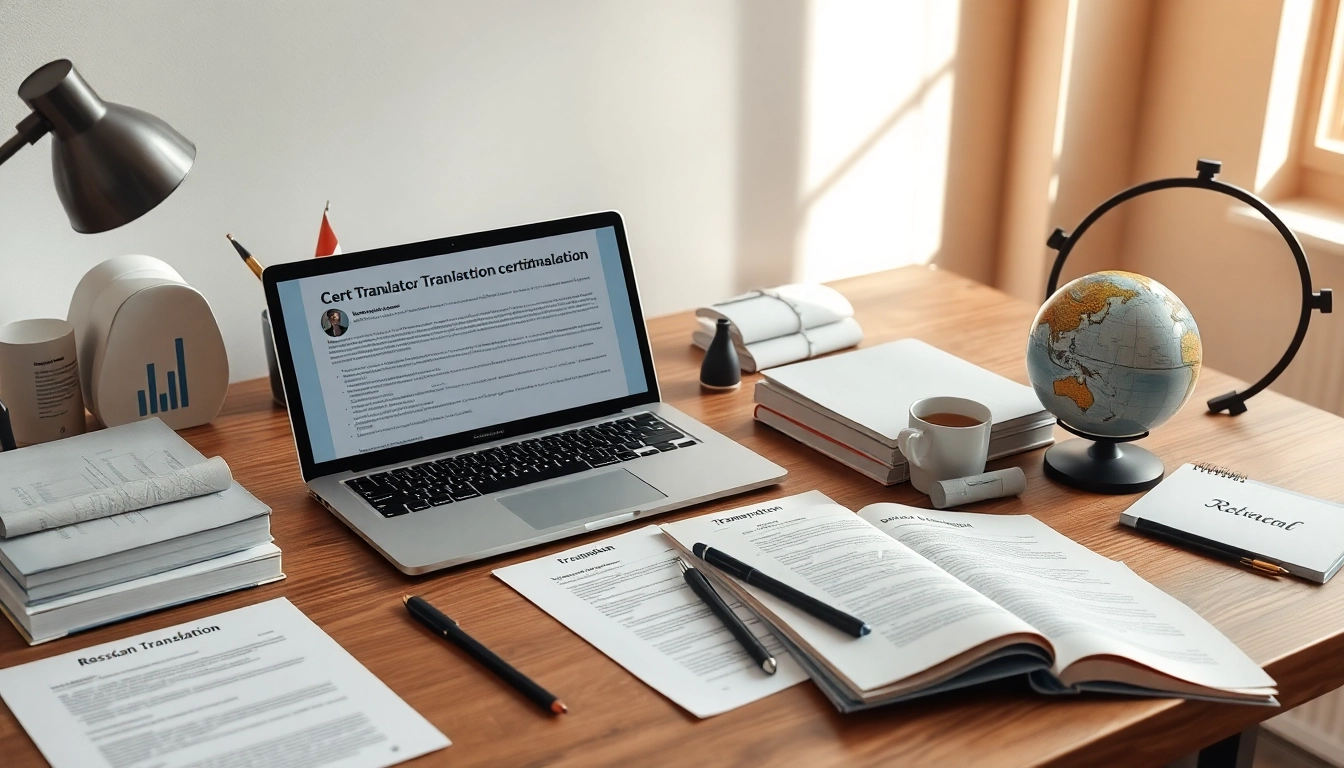 Espace de travail professionnel d'un traducteur assermenté russe, équipé d'outils de traduction et de documents.