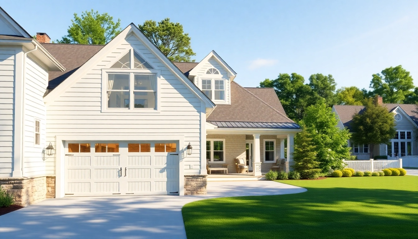 A stunning cape cod home addition with an elegant attached garage surrounded by lush greenery.