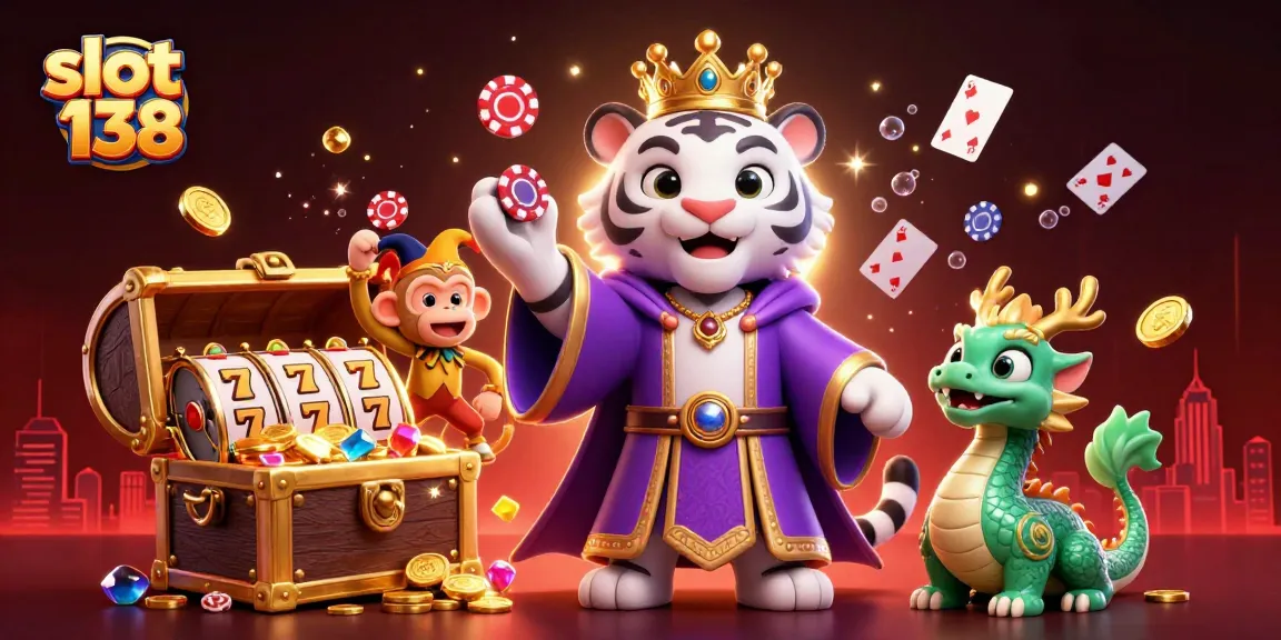 Engage with slot 138 in this vibrant 3D scene showcasing a white tiger and a jester monkey.