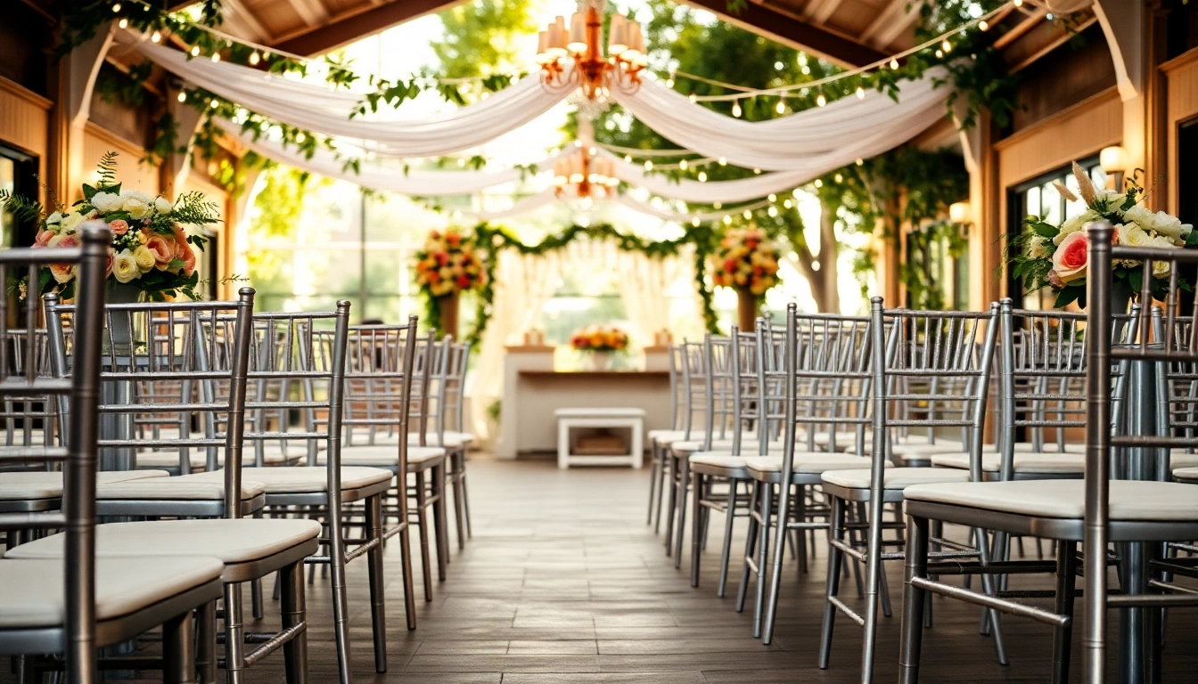 Enhance your event with beautiful chair rentals, showcasing diverse styles in an elegant outdoor setup.