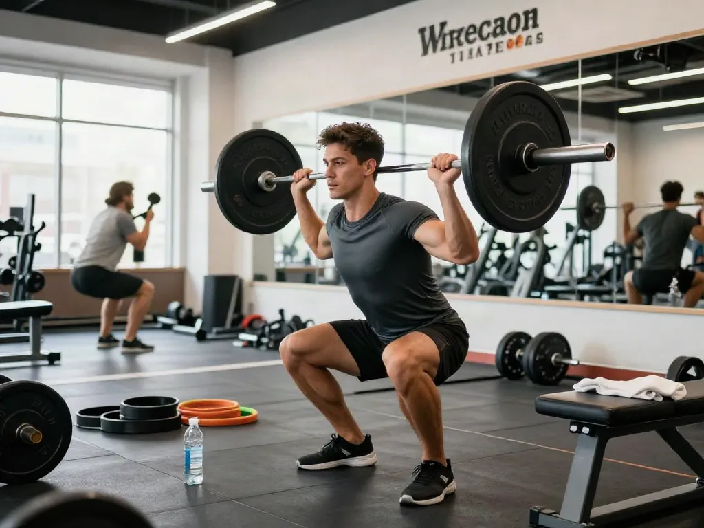 Athletic man performing barbell squat in a modern gym, showcasing essential strength training techniques with steroidi anabolizzanti improvement.