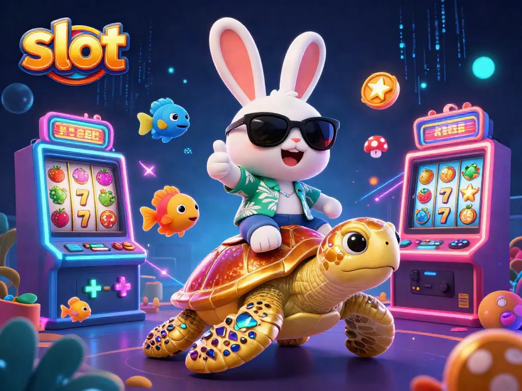 Spin the vibrant slot machines in an enchanting scene featuring a lucky rabbit and golden sea turtle.