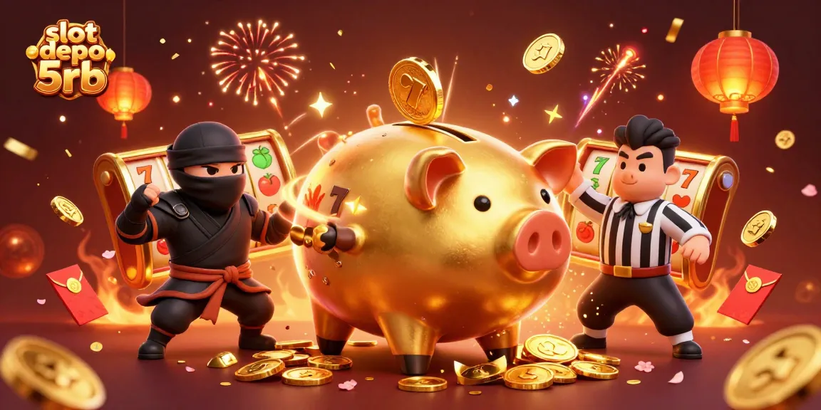 Engage in the thrill of slot depo 5rb with vibrant gaming visuals featuring a sumo piggy bank and dynamic casino elements.