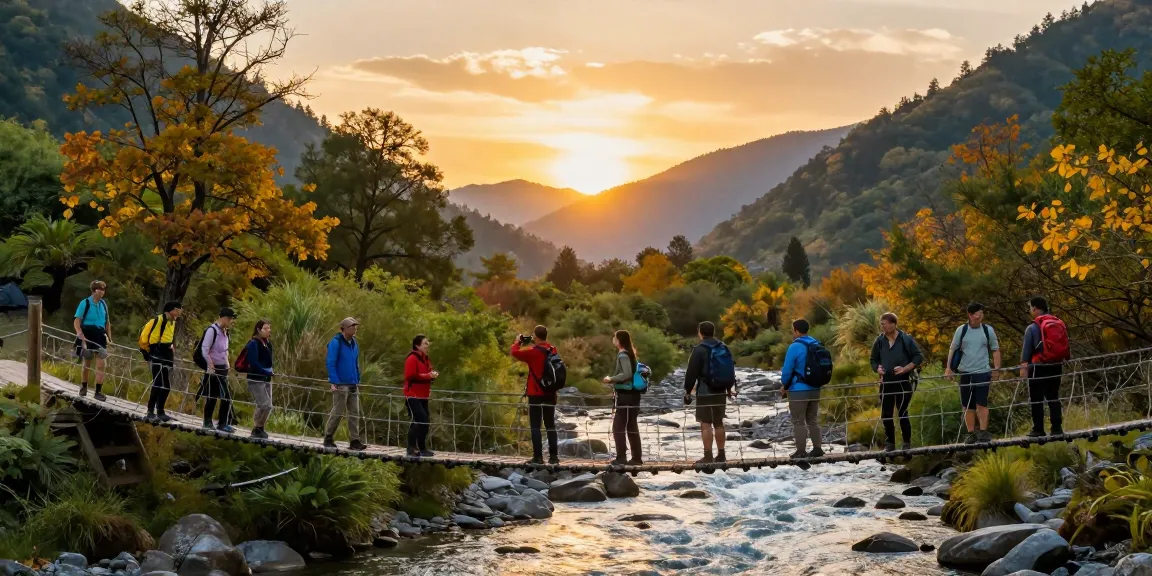 Group of hikers crossing a river rope bridge at sunset, showcasing adventure and teamwork.
