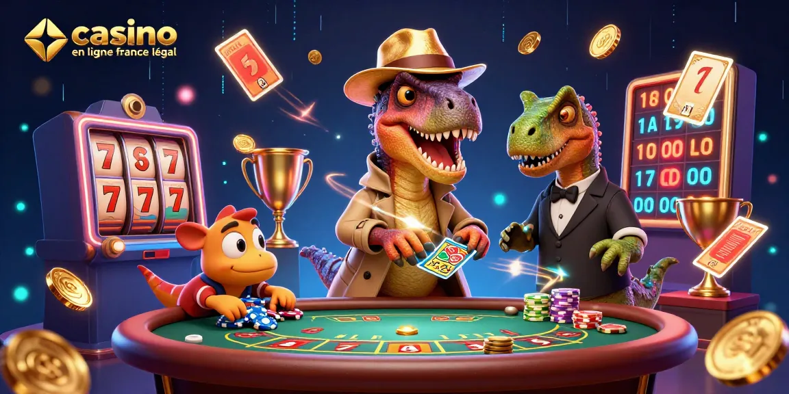 Illustration de casino en ligne France légal avec un vélociraptor et des éléments de jeu captivants.