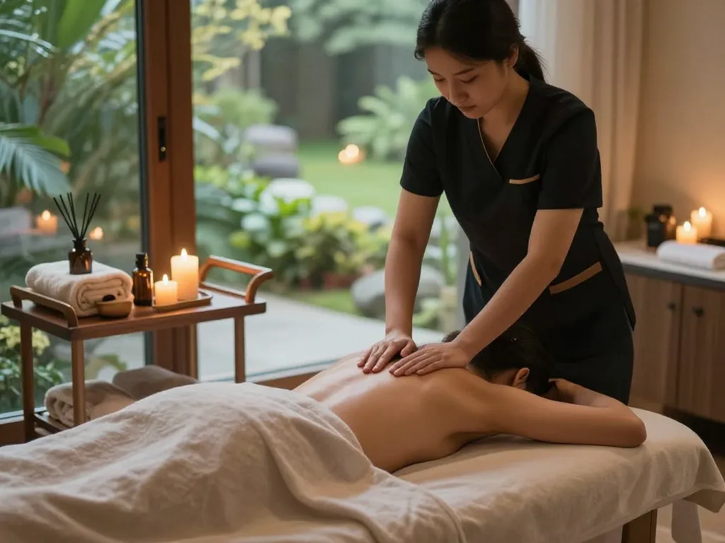 Swedish massage experience at https://www.makangs.com/ spa, featuring a serene therapist and calming ambiance.