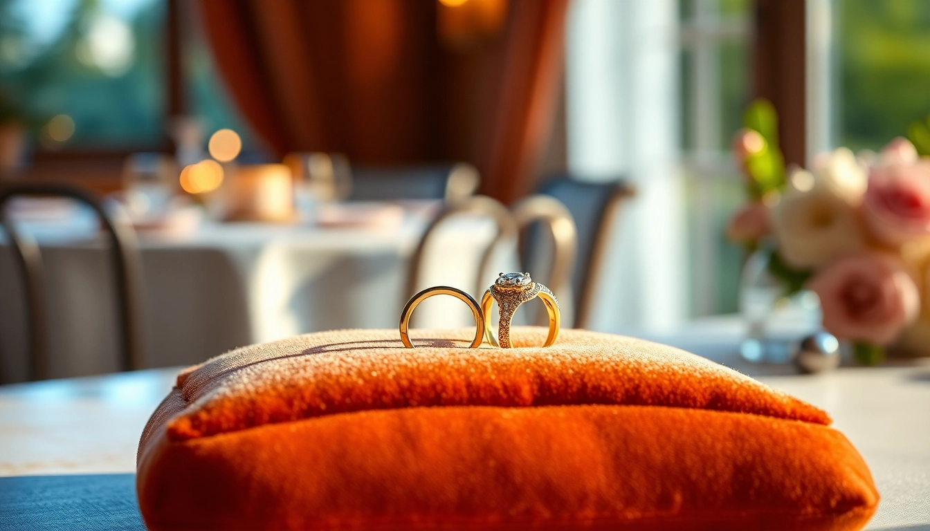 Couple rings showcased on a plush velvet cushion, symbolizing love and commitment.