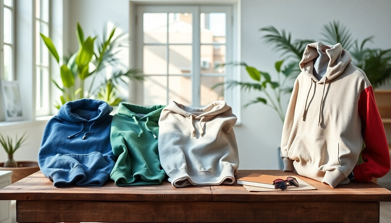 Showcasing stylish plain hoodies in various colors on a wooden table, highlighting fabric textures.
