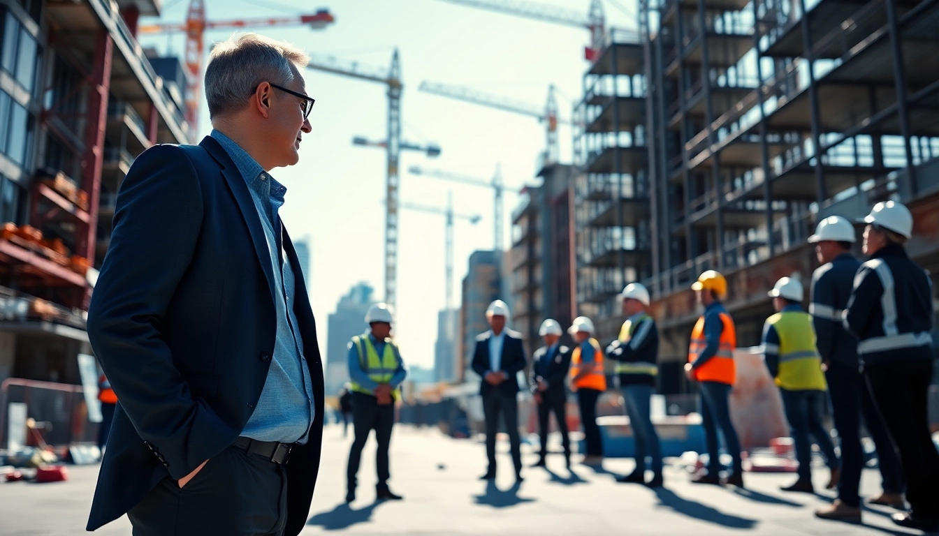 Manhattan Construction Manager leading a team on a busy site with cranes in the background.