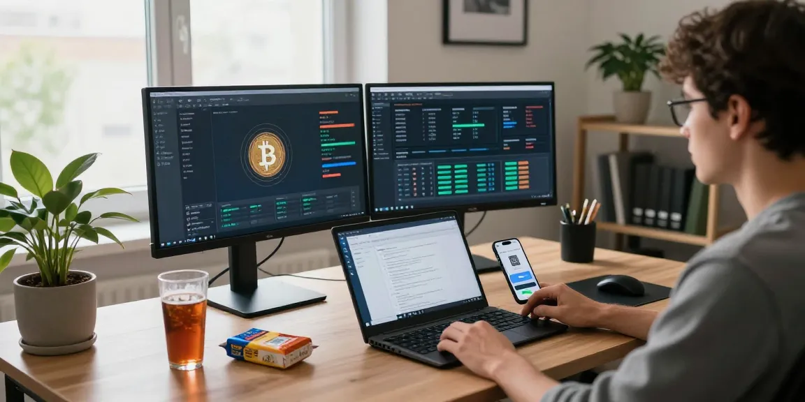 bitcoin mining workspace with cryptocurrency analytics, blockchain monitoring, secure wallet management, tech-focused innovation