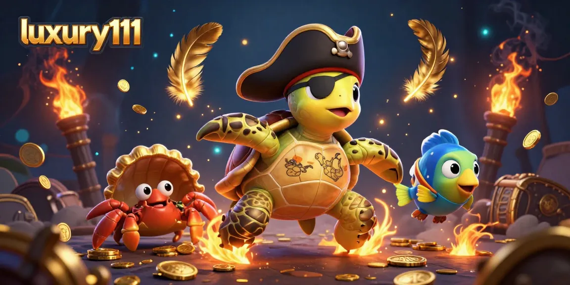 Experience luxury111 with a vibrant 3D scene featuring a pirate turtle, gambling elements, and treasure.