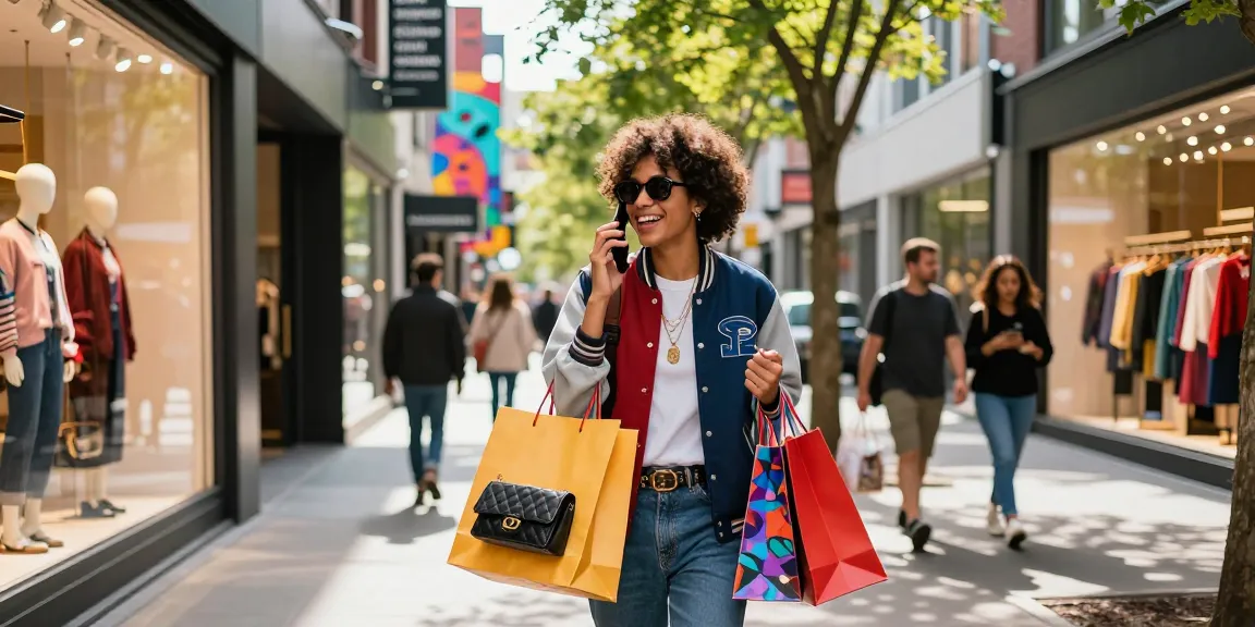 Vibrant shopping scene with trendy individual holding bags near https://shs-dome5.com/ storefronts.