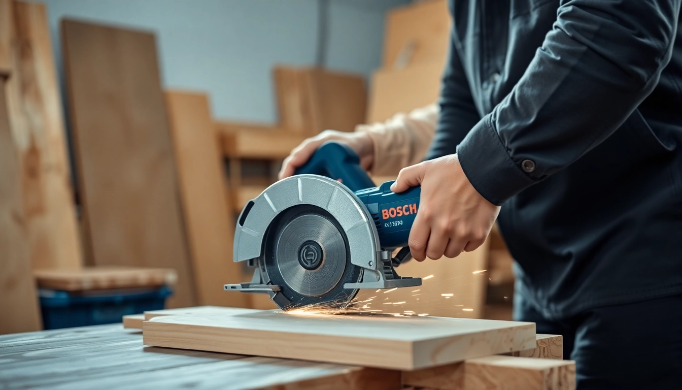 Usando la guía para sierra circular Bosch GKS 190 para un corte preciso en madera.