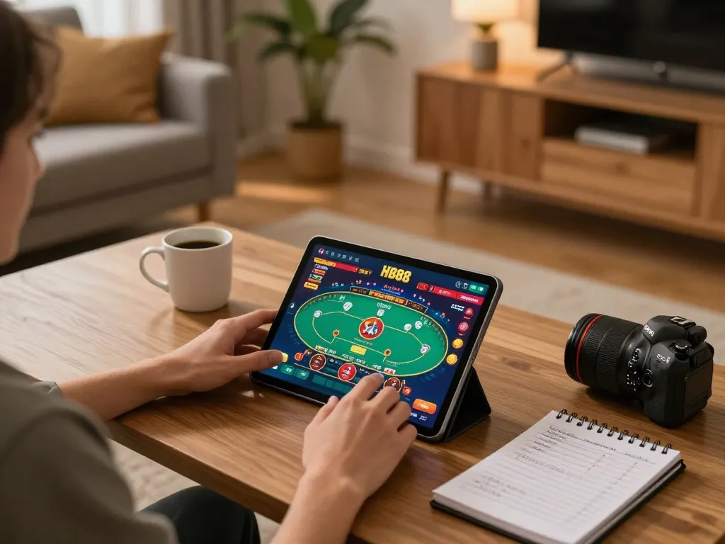 Engaging on the HB88 online casino through a tablet, showcasing user-friendly mobile gambling experience