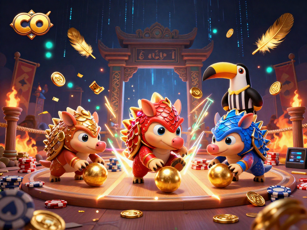 Compete at co casino with pangolins rolling poker chips and a toucan referee.