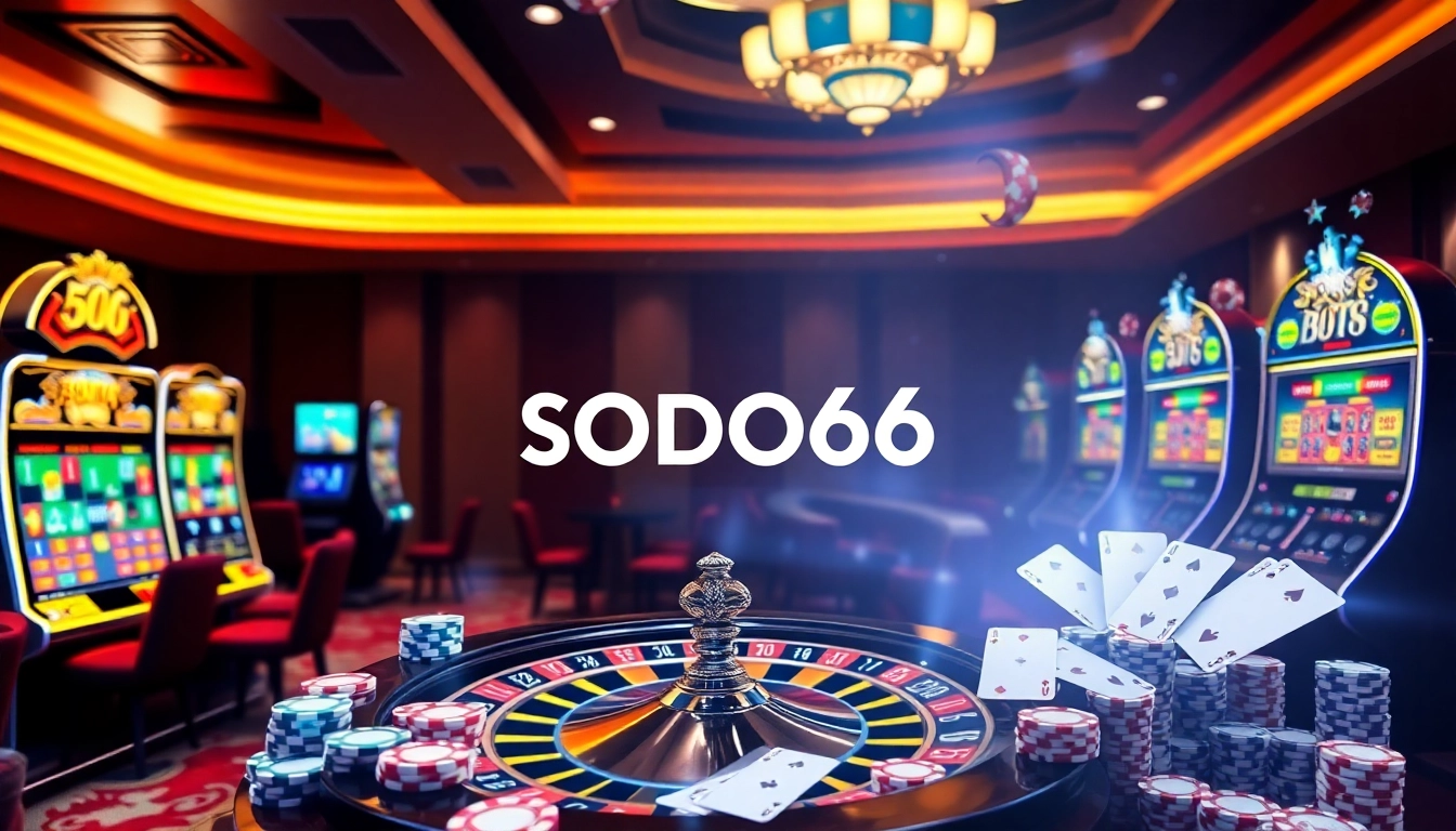 SODO66 logo prominently displayed in a vibrant casino scene filled with slot machines and roulette wheels.