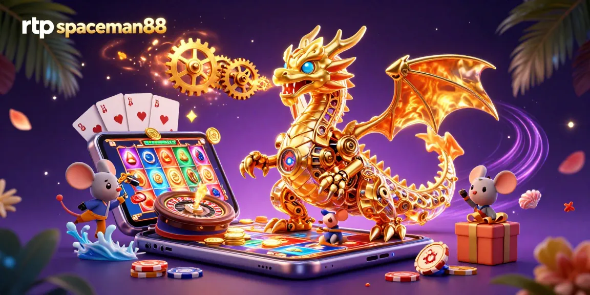 Engage with rtp spaceman88 as golden dragon breathes slots and winnings in a vibrant 3D casino scene.