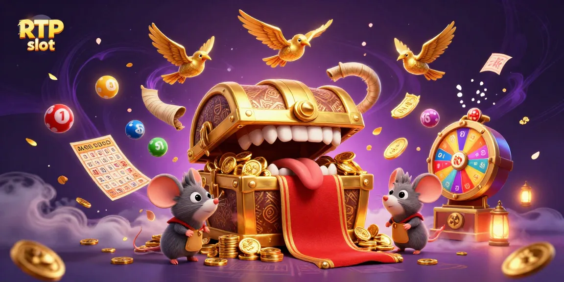 Engage with RTP slot games, featuring a treasure chest and vibrant casino elements.