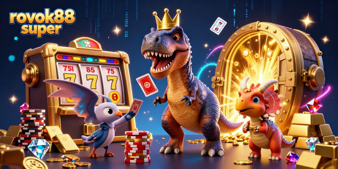 Enjoy a dynamic casino scene featuring rokok88 super characters like a T-Rex shuffling cards and a triceratops with golden chips.