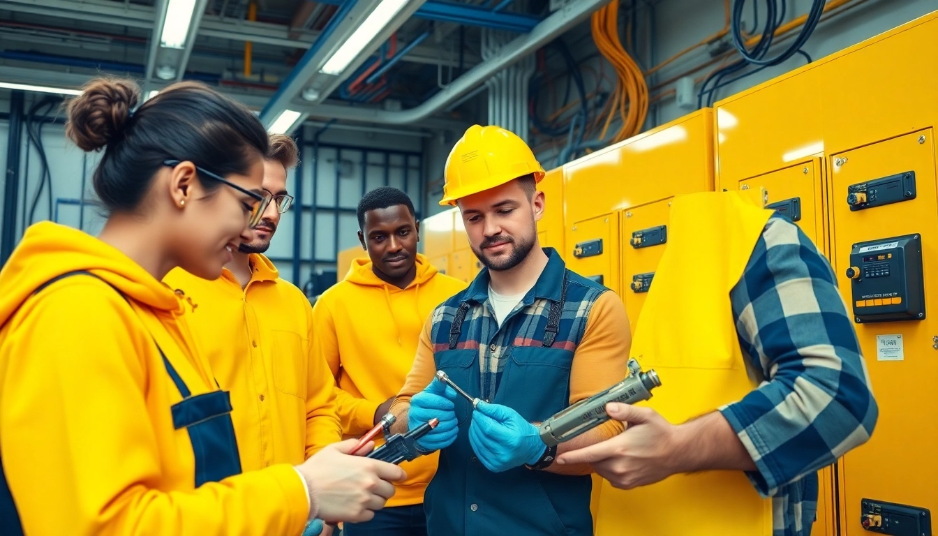 Hands-on training in an electrical apprenticeship showcasing teamwork and professionalism.