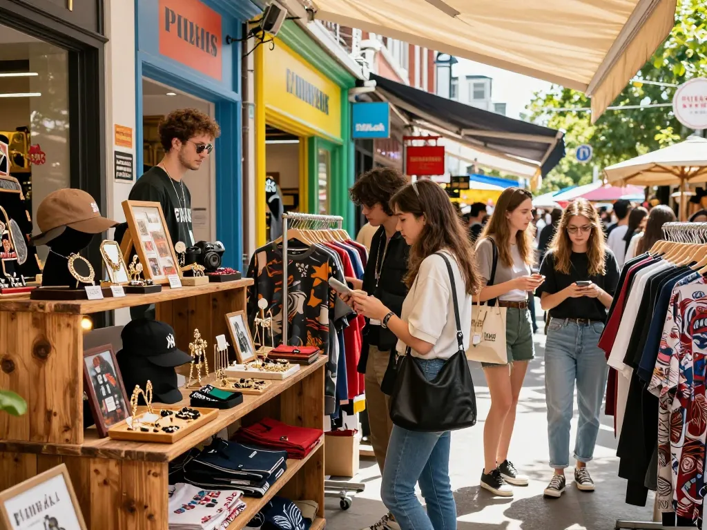 Fashionable shopper exploring 레플리카 items in a vibrant urban marketplace.