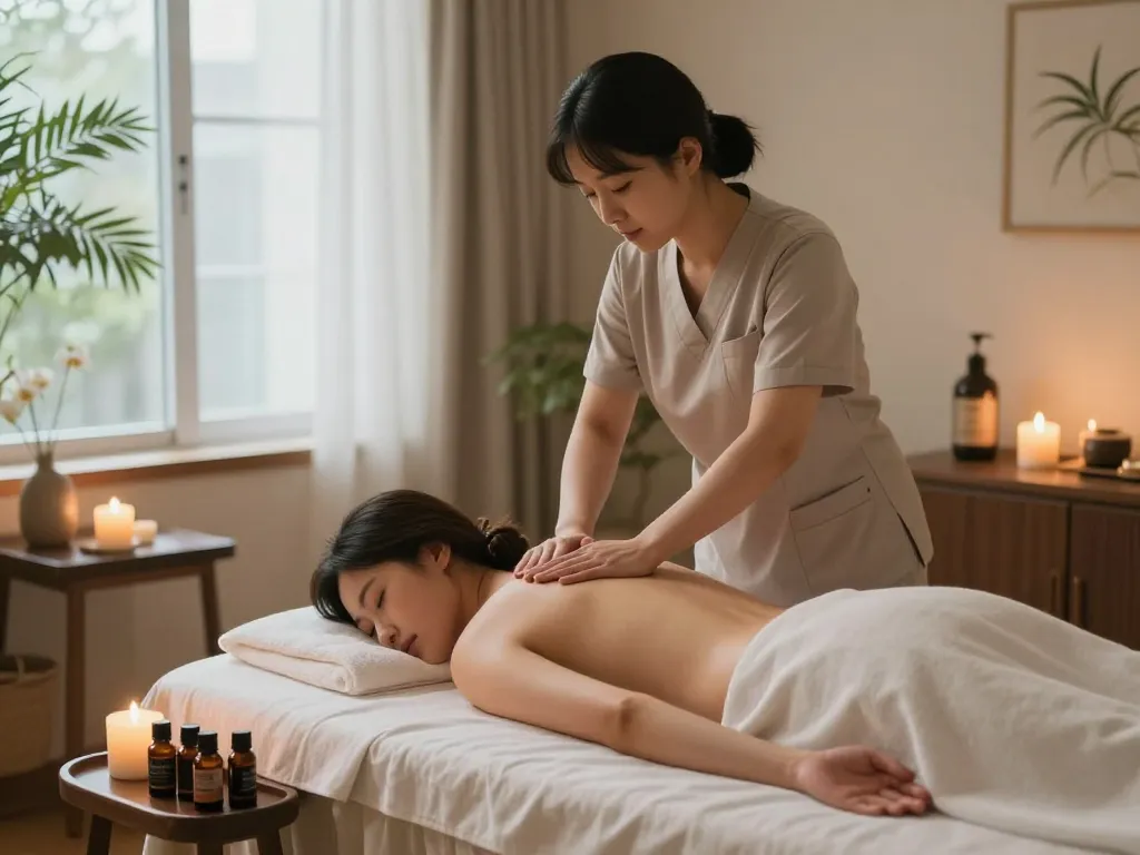 Relaxing 역삼동마사지 therapy scene with a therapist performing a soothing back massage in a tranquil spa environment.